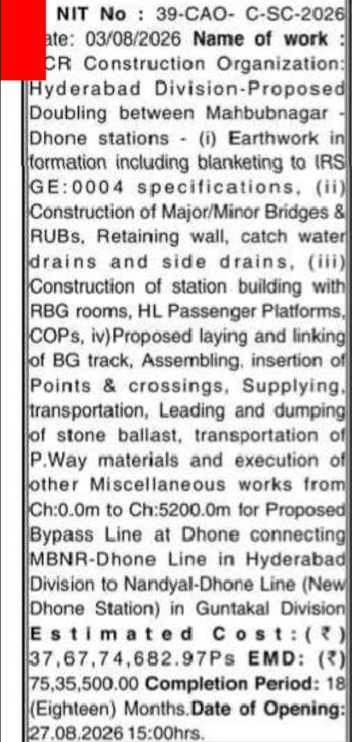 Tender for Proposed Doubling Between Mahbubnagar and Dhone Stations