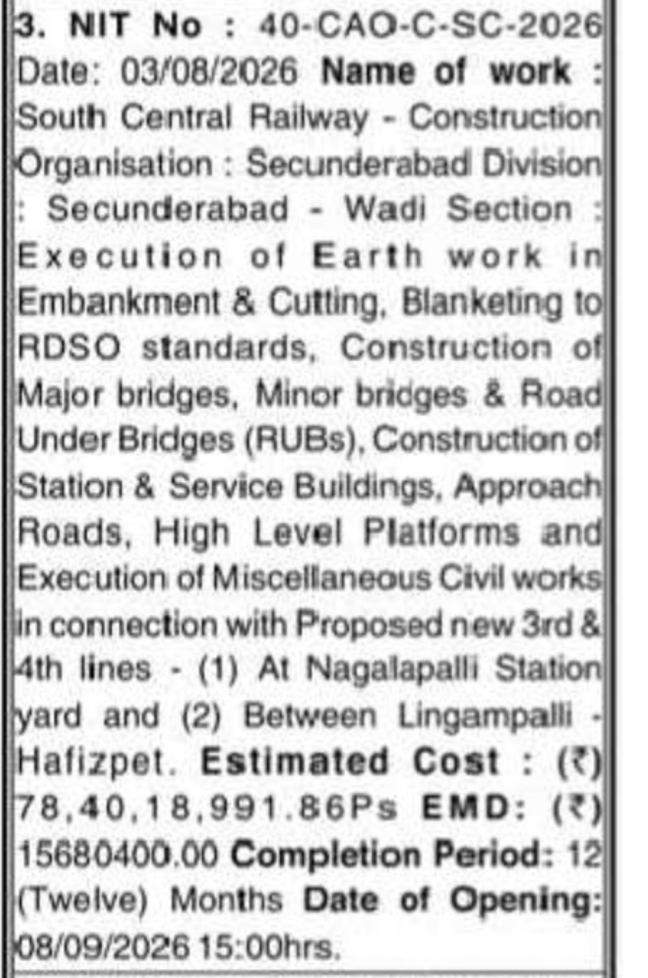Tender for Proposed New 3rd and 4th Lines at Nagalapalli and Between Lingampalli–Hafizpet