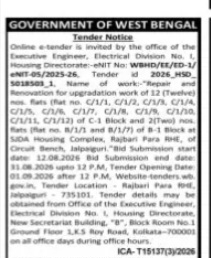 Tender for Repair and Renovation of 12-Twelfth Row Houses at Rajbari Para, Raiganj