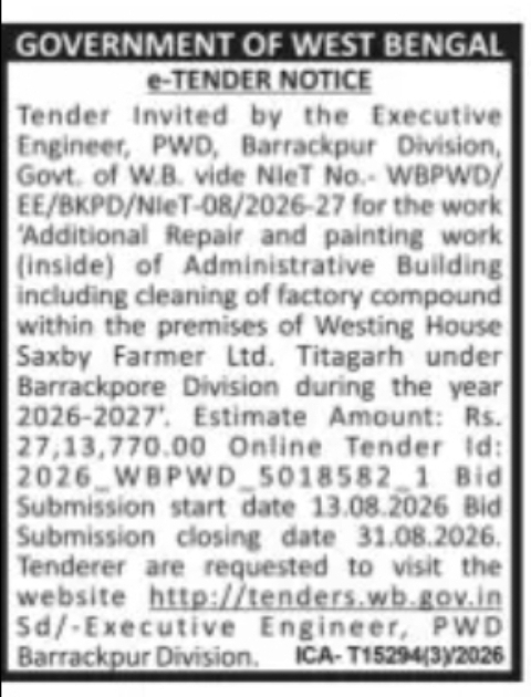 Tender for Repair & Painting Work at Westing House Saxby Farmer Ltd., Titagarh