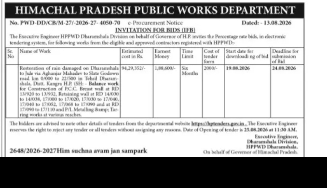 Tender for Restoration of Rain-Damaged Road – Dharamshala