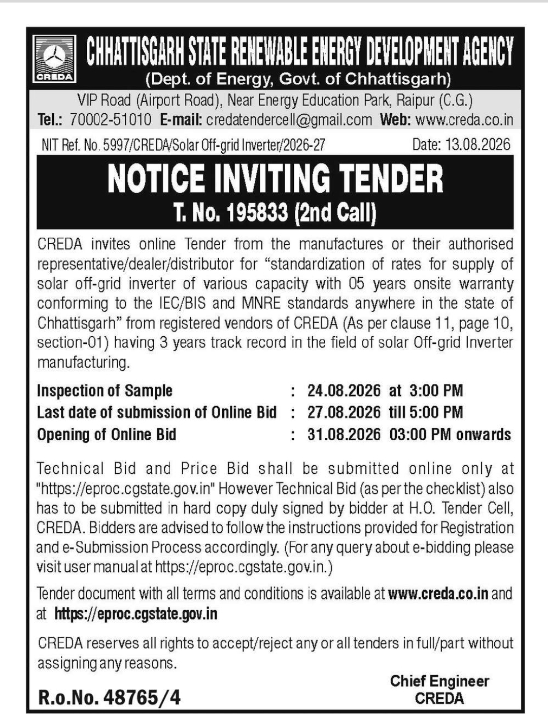 Tender for Supply of Solar Off-Grid Inverters Across Chhattisgarh