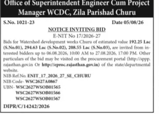 Tender for Watershed Development Works – Churu
