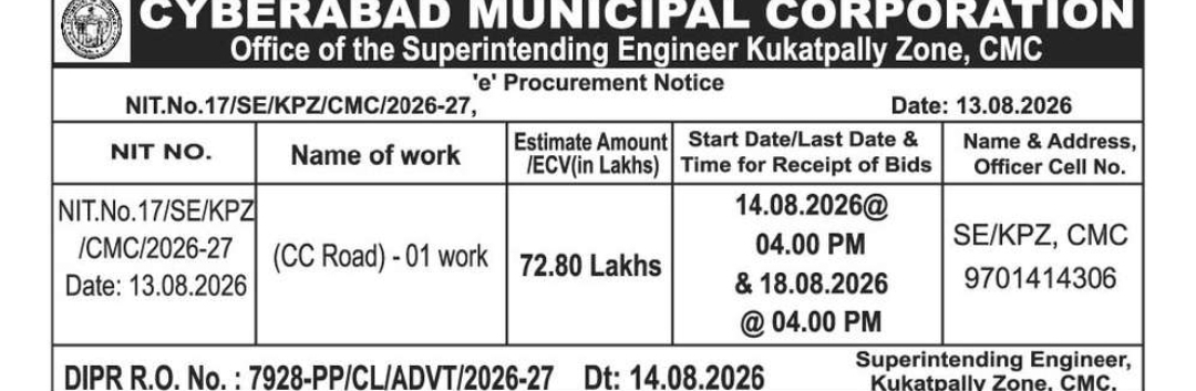 Tender for Works in Kukatpally Zone – Cyberabad Municipal Corporation