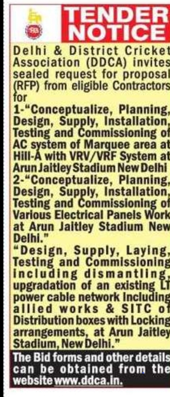 TENDER NOTICE – DDCA Delhi (Arun Jaitley Stadium Works)