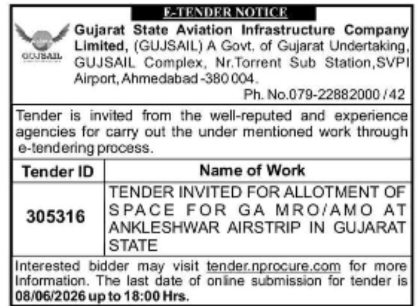 Tender Notice – GUJSAIL Invites Bids for Allotment of Space at Ankleshwar Airstrip, Gujarat