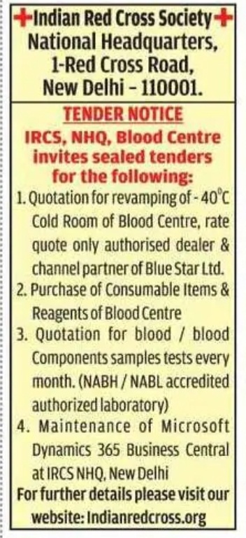 Tender Notice – Indian Red Cross Society Blood Centre