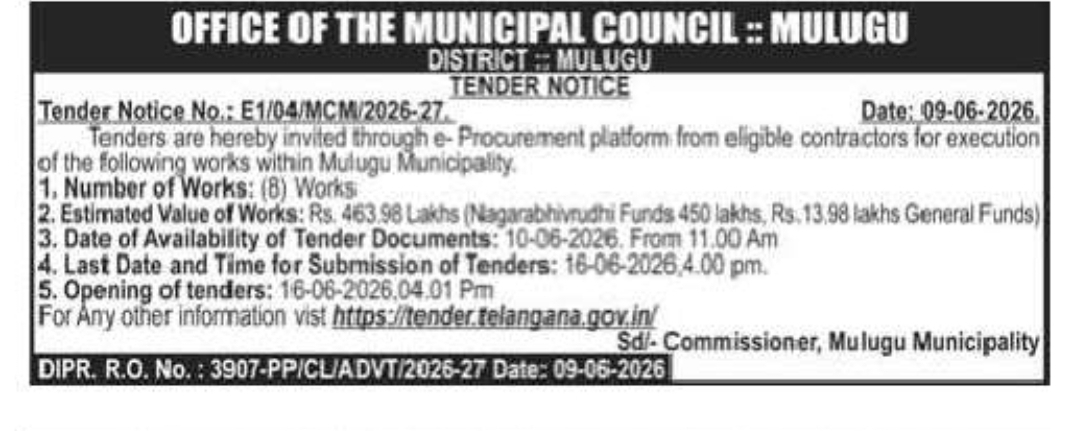Tender Notice – Mulugu Municipality