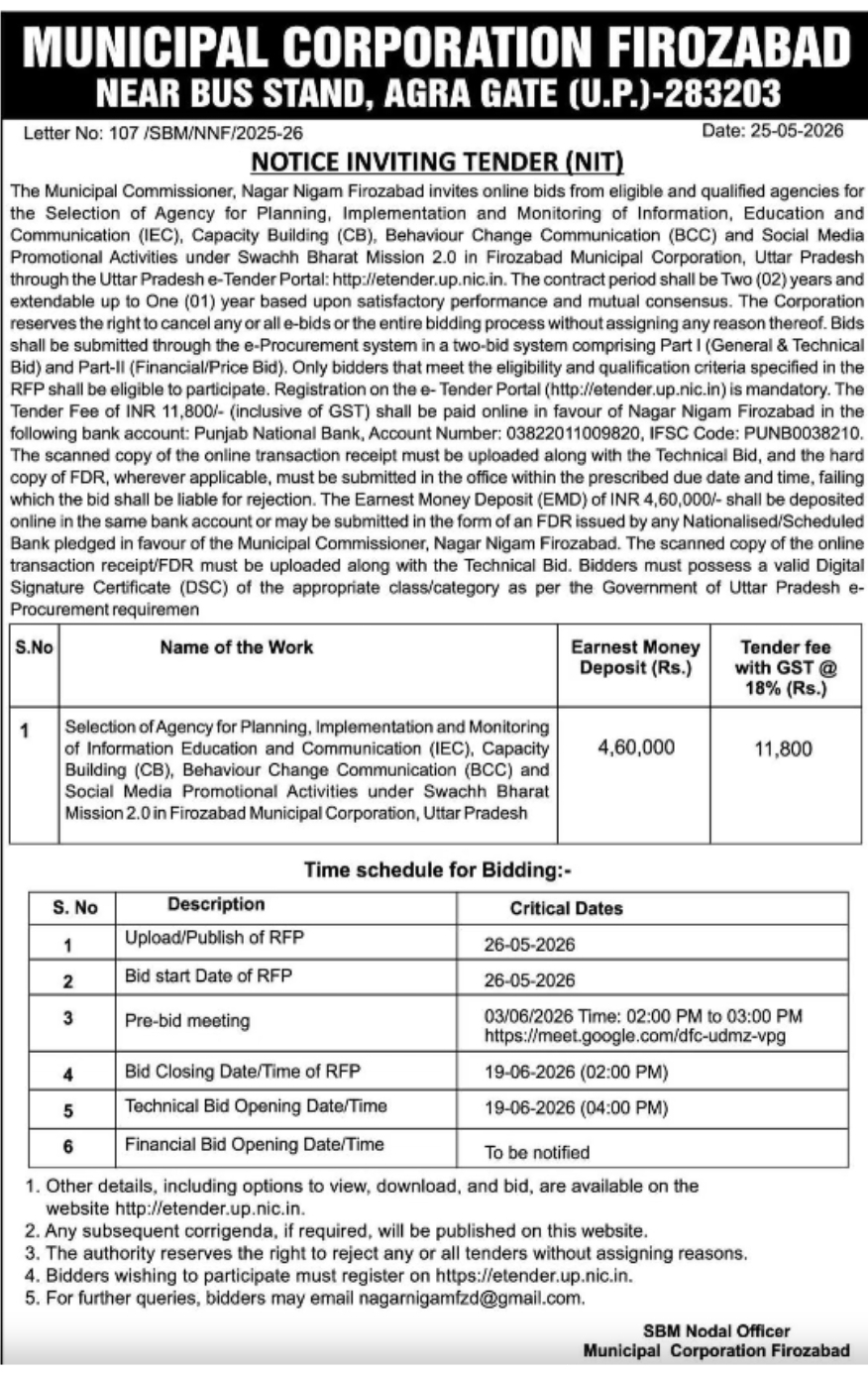 Tender Notice – Nagar Nigam Firozabad (SBM 2.0)