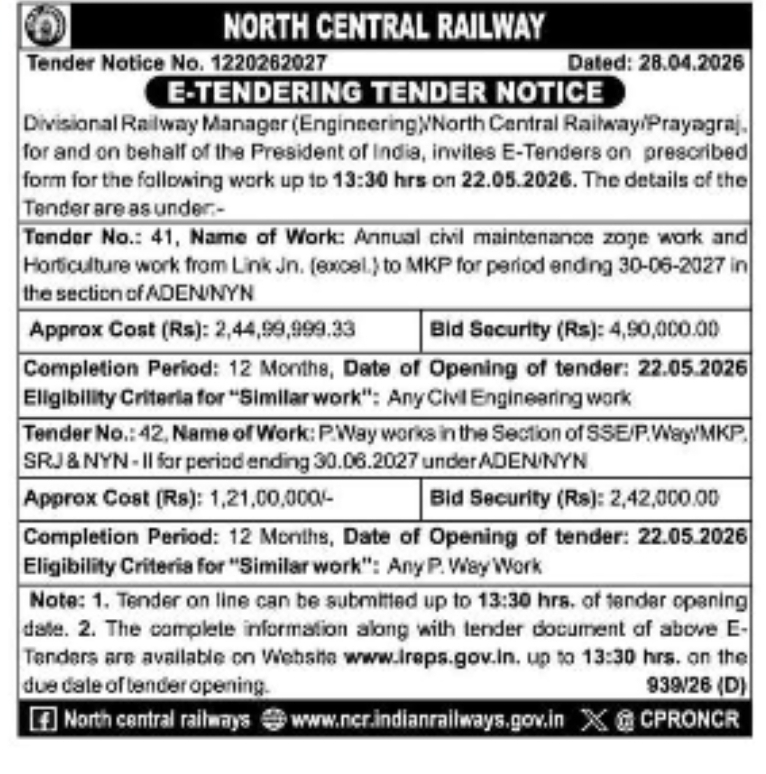 🚆 Tender Notice – North Central Railway (Tender No. 41)