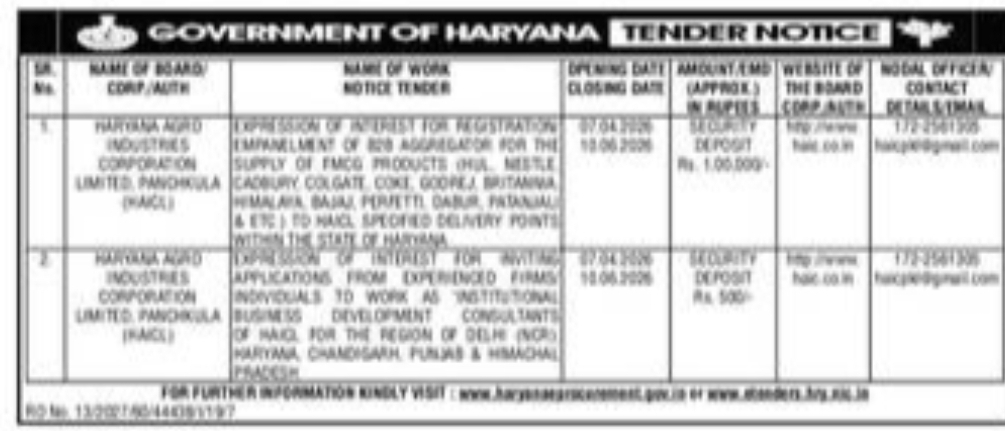 Tender notice published by the Government of Haryana.