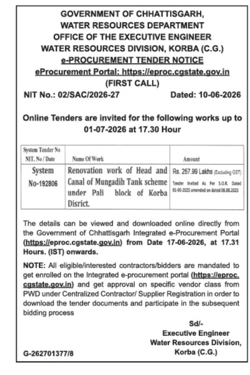 Tender Notice – Renovation Work of Head and Canal of Mungadih Tank Scheme, Korba (C.G.) (₹257.99 Lakhs)
