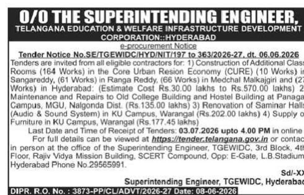 TGEWIDC Invites Tenders for 168 Education Infrastructure Works Across Telangana