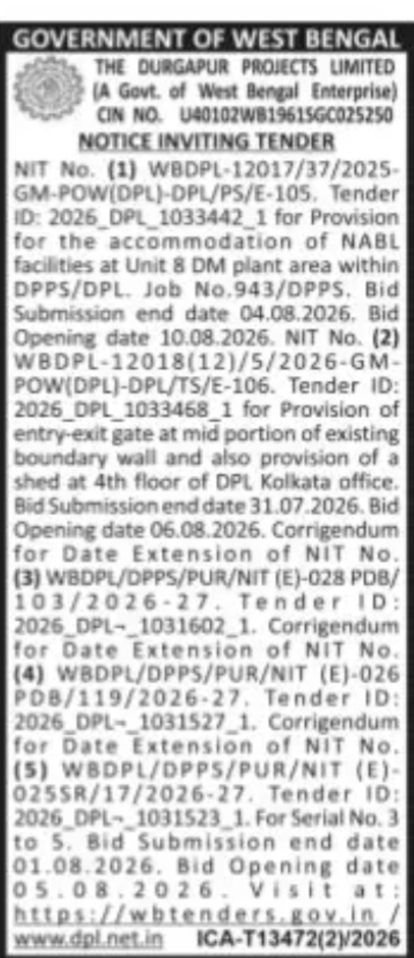 The Durgapur Projects Limited Invites Multiple E-Tenders
