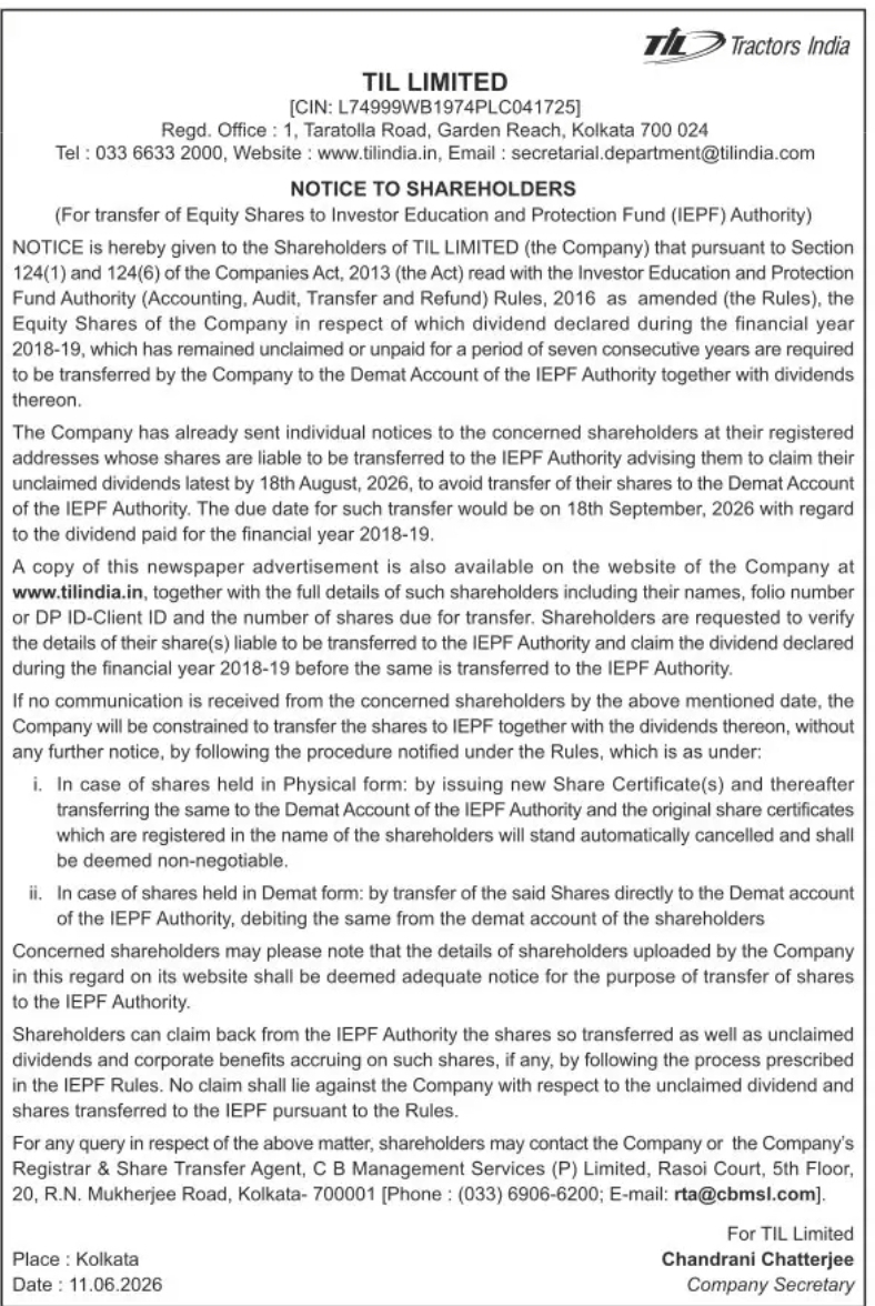 TIL Limited Notice to Shareholders – Transfer of Equity Shares to IEPF Authority