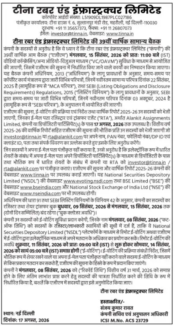 Tinna Rubber and Infrastructure Limited – 39th Annual General Meeting Notice