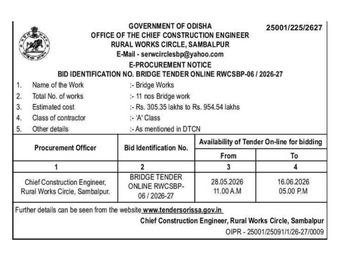 **Title:** E-Procurement Notice for Bridge Works under Rural Works Circle, Sambalpur (Odisha)