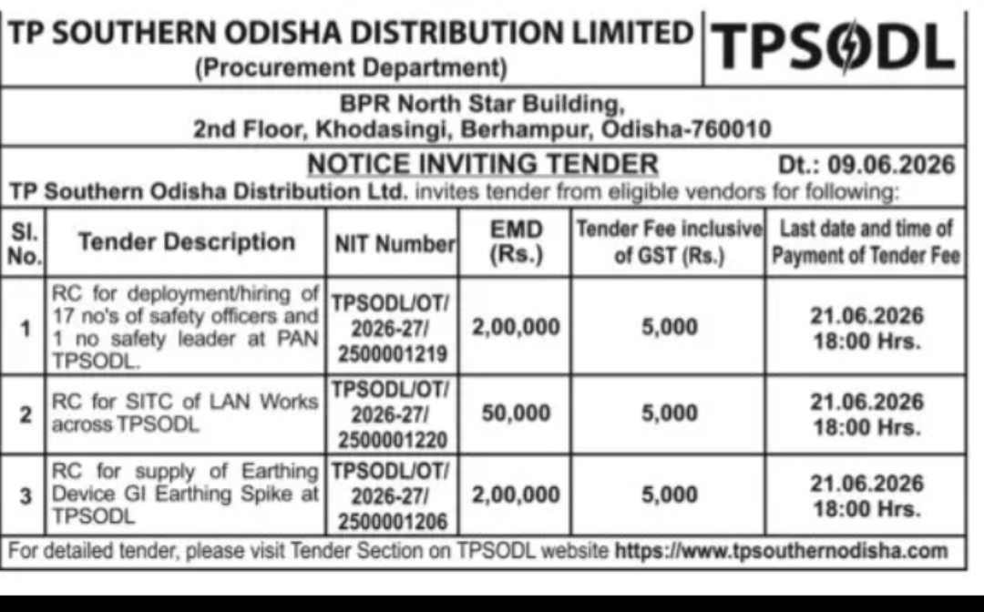 TP SOUTHERN ODISHA DISTRIBUTION LIMITED (TPSODL) Notice Inviting Tender (Procurement Department)