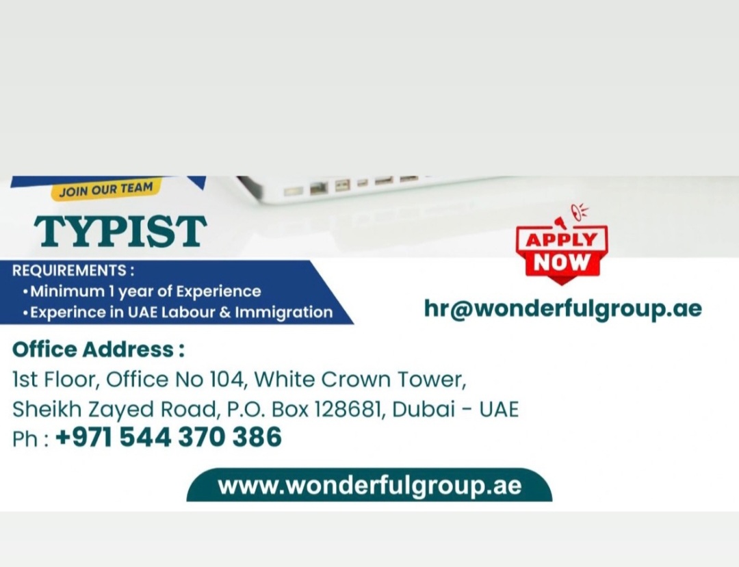 Typist Job Opening in Dubai