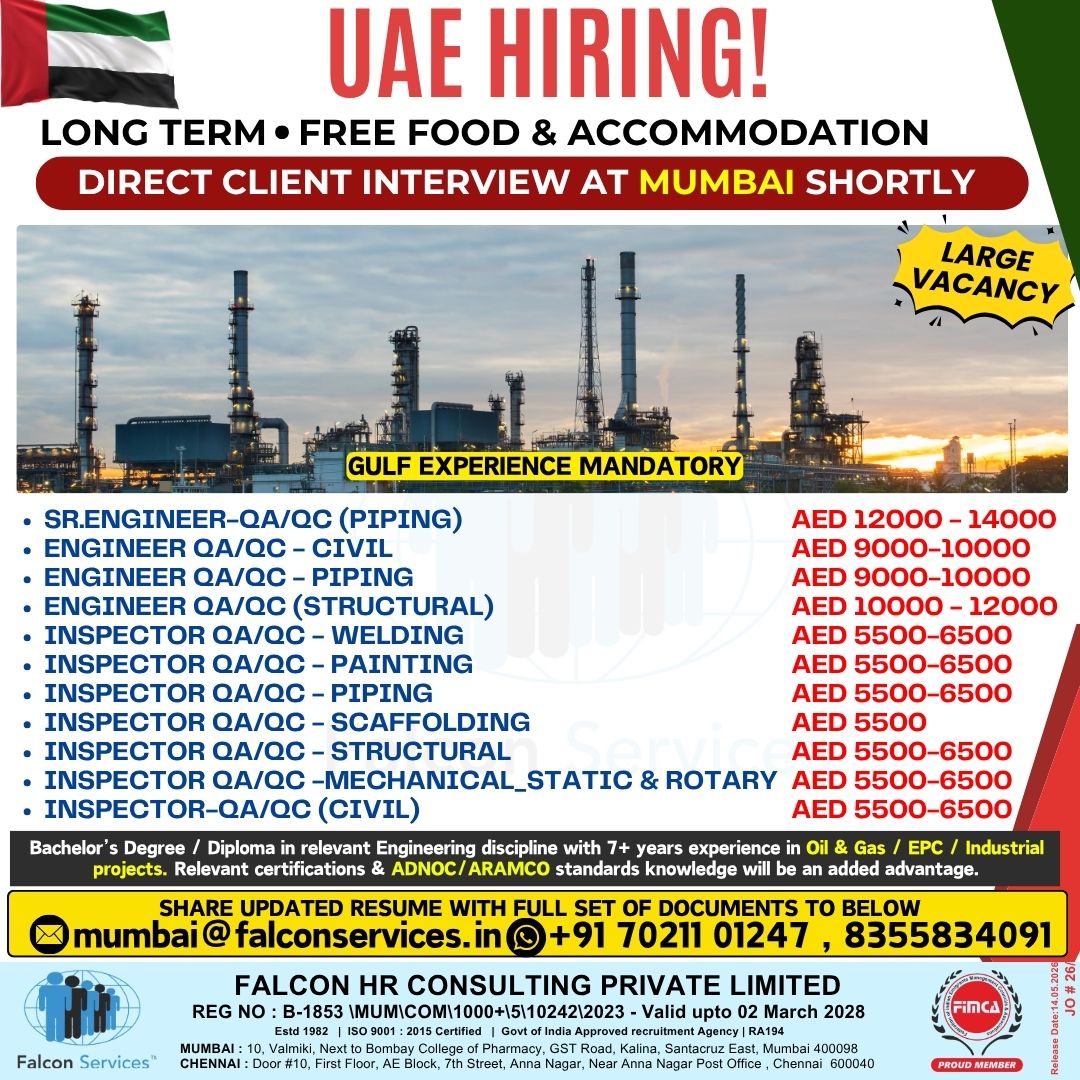 UAE JOB OPENINGS – QA/QC ENGINEERING (OIL & GAS / EPC PROJECTS)
