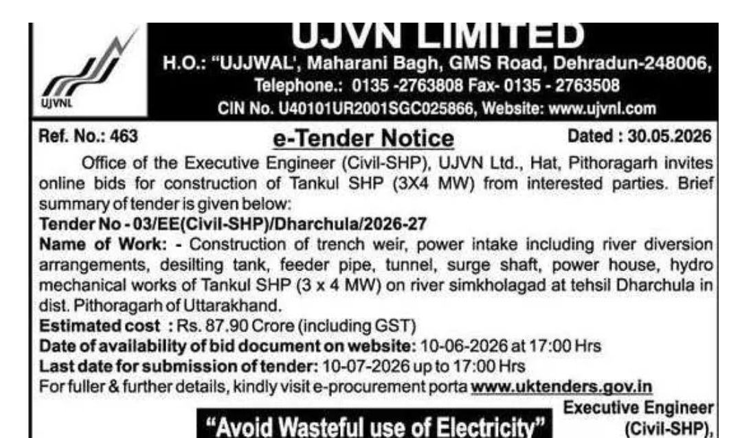 UJVN Invites Bids for Construction of 12 MW Tankul Small Hydro Project in Pithoragarh, Uttarakhand