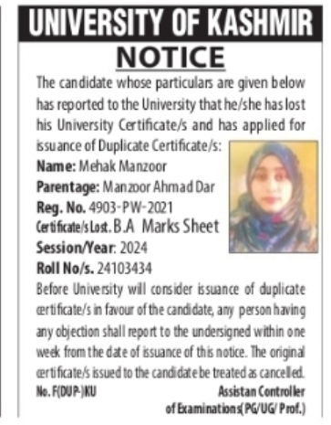 University of Kashmir – Duplicate Certificate