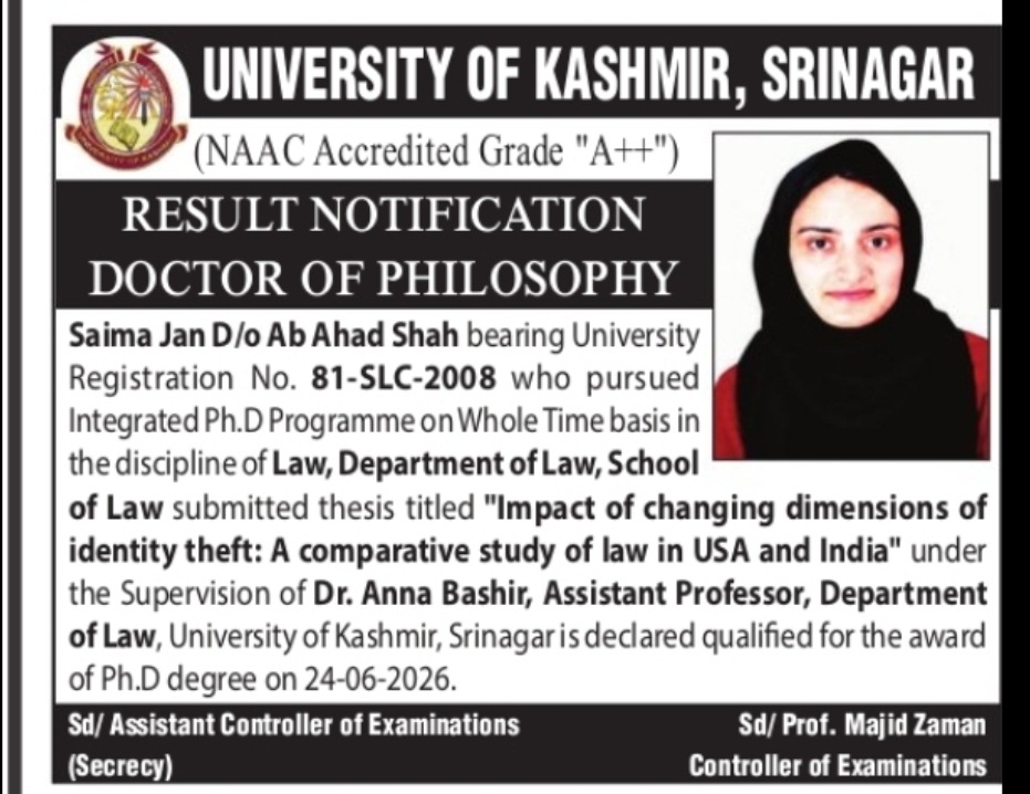 University of Kashmir Ph.D Result Notification – Saima Jan