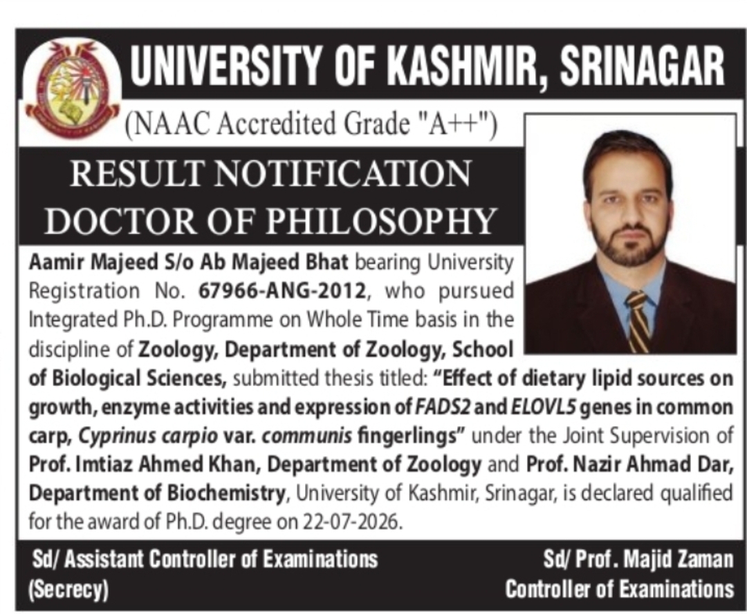 University of Kashmir Ph.D. Result Notification