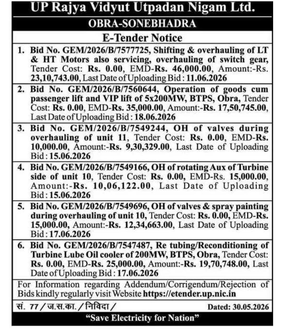 UPRVUNL Obra (Sonbhadra) E-Tender Notice for O&M Works at BTPS Units (GeM Bids 2026)