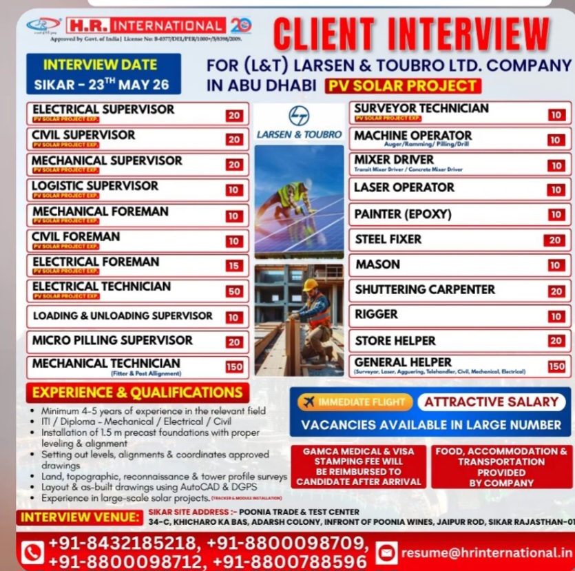Urgent Hiring for Abu Dhabi PV Solar Project – Client Interview for Larsen & Toubro