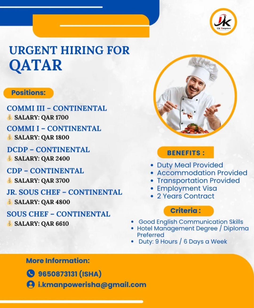 Urgent Hiring for Qatar – Continental Kitchen Staff