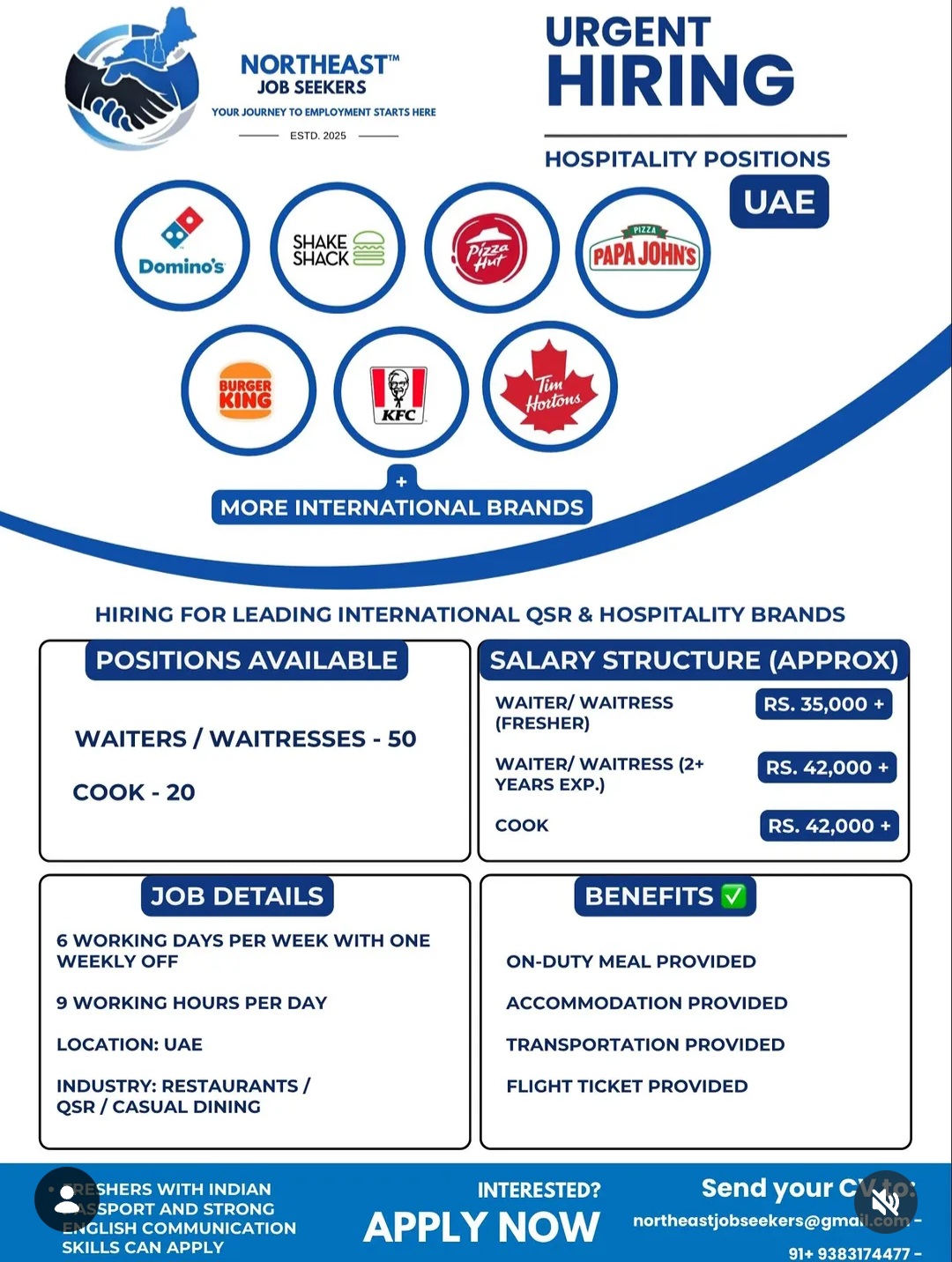 URGENT HIRING FOR UAE – HOSPITALITY POSITIONS