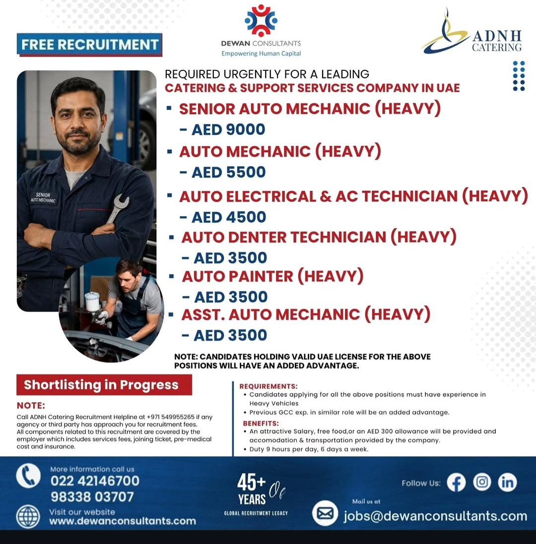 Urgent Hiring for UAE – Leading Catering & Support Services Company