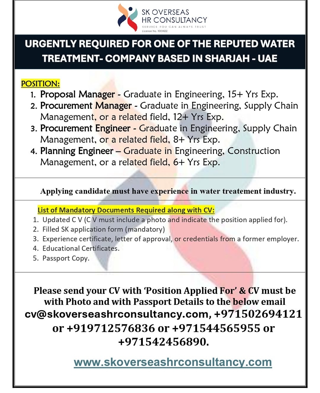 Urgent Hiring for Water Treatment Company in Sharjah, UAE