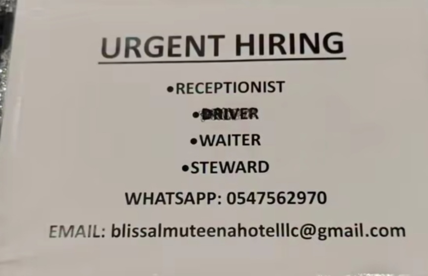 URGENT HIRING – RECEPTIONIST, DRIVER, WAITER & STEWARD POSITIONS AVAILABLE