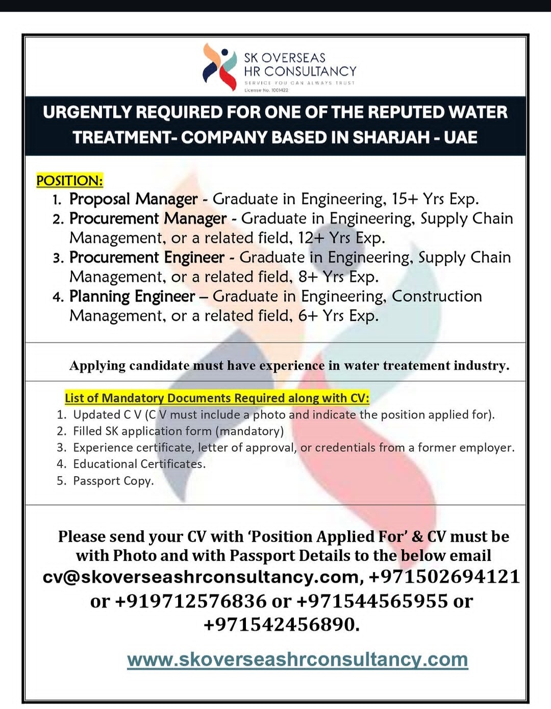 URGENT HIRING – WATER TREATMENT COMPANY (SHARJAH, UAE)