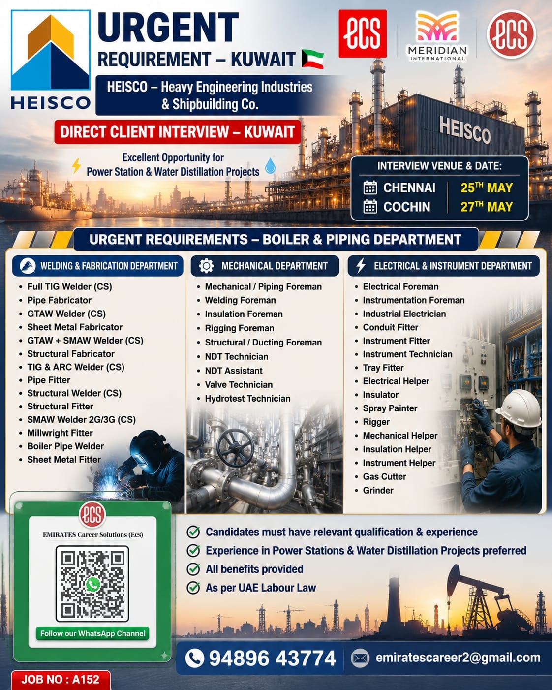URGENT KUWAIT HIRING – HEISCO POWER STATION PROJECT JOB OPENINGS (WELDING, MECHANICAL, ELECTRICAL & INSTRUMENTATION)