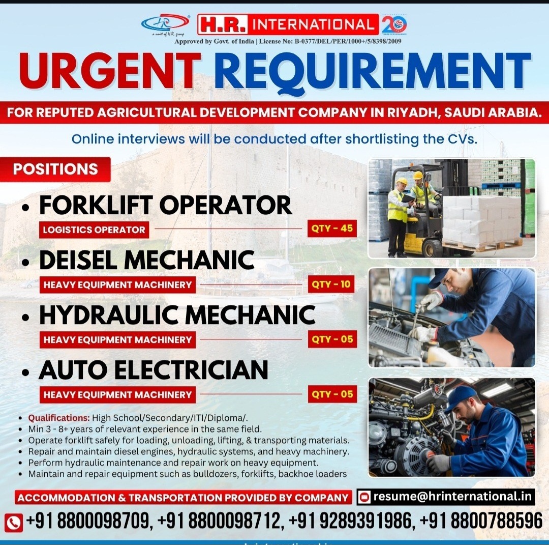 Urgent Requirement for a Reputed Agricultural Development Company in Riyadh, Saudi Arabia