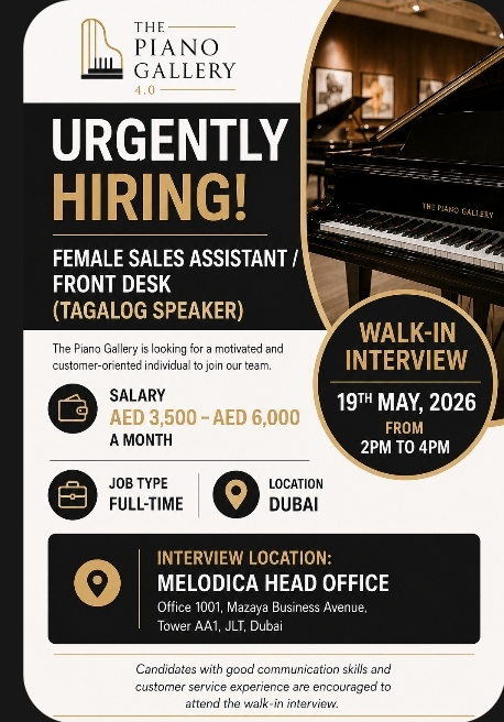 Urgently Hiring – Female Sales Assistant / Front Desk (Tagalog Speaker)