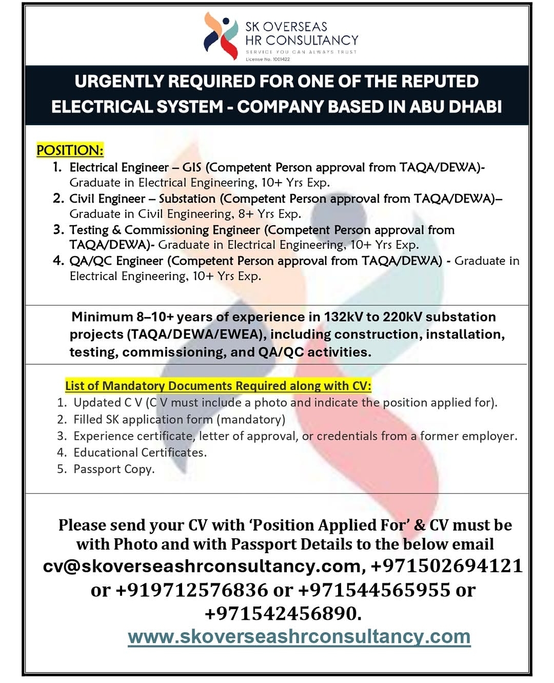 Urgently Required for a Reputed Electrical Systems Company in Abu Dhabi.