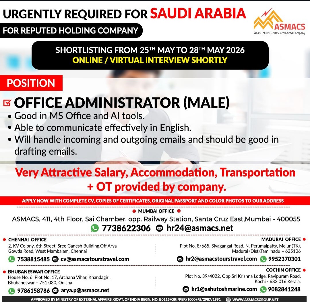 Urgently Required for Saudi Arabia for a Reputed Holding Company.
