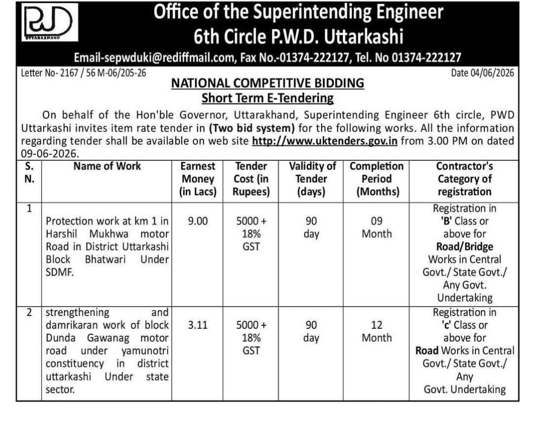 Uttarakhand PWD Invites E-Tenders for Road Protection and Strengthening Works in Uttarkashi District (NCB)