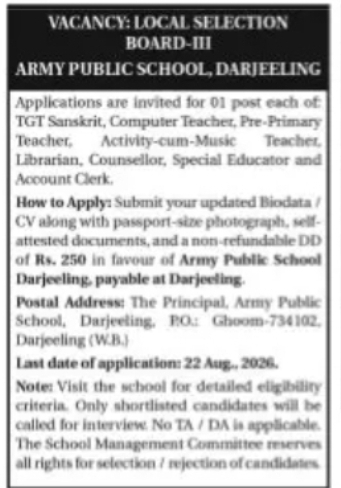 VACANCY: LOCAL SELECTION BOARD-III – ARMY PUBLIC SCHOOL, DARJEELING