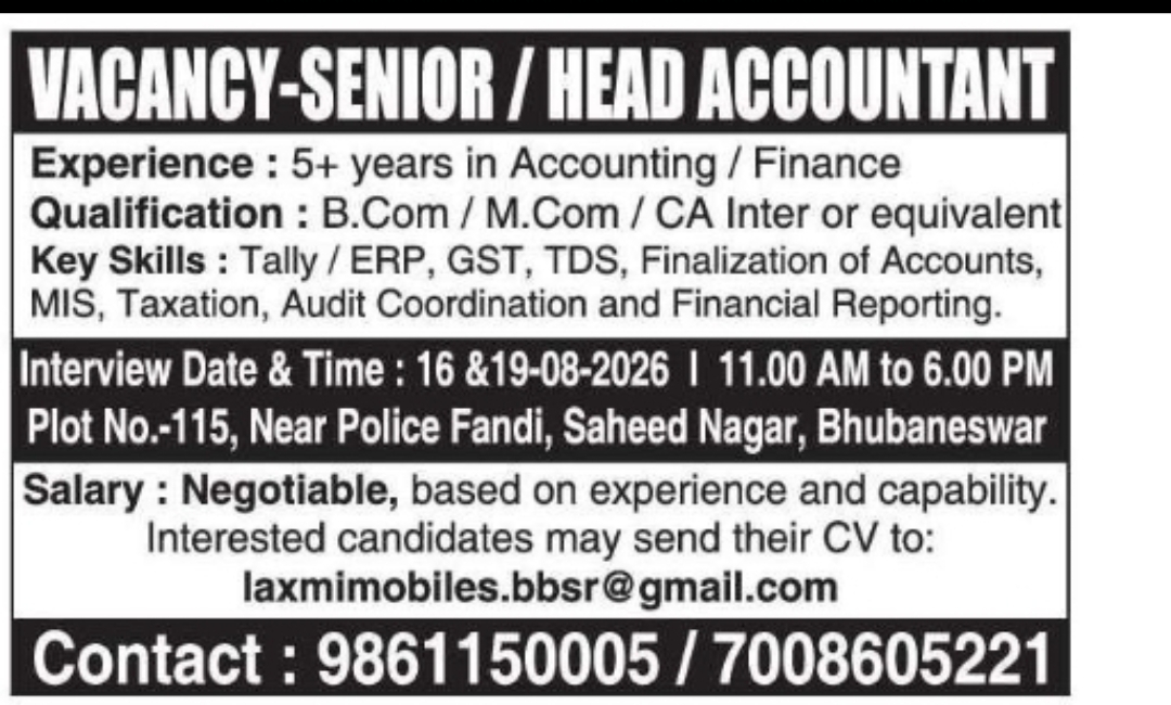 VACANCY – SENIOR / HEAD ACCOUNTANT