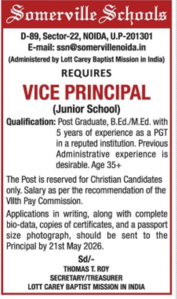 Vice Principal (Junior School) – Somerville Schools, Noida