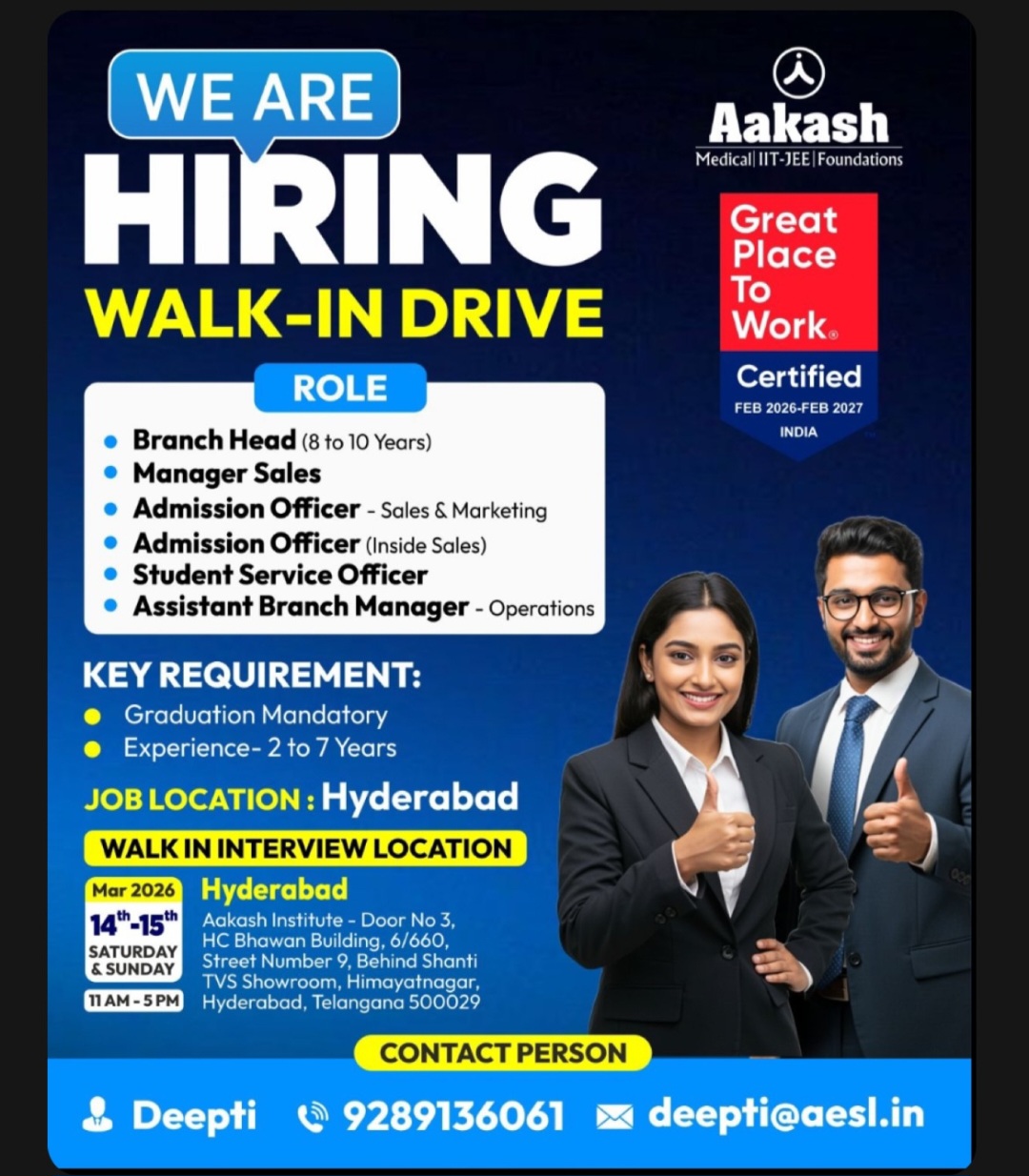 📢 Walk-In Drive – Aakash Institute, Hyderabad