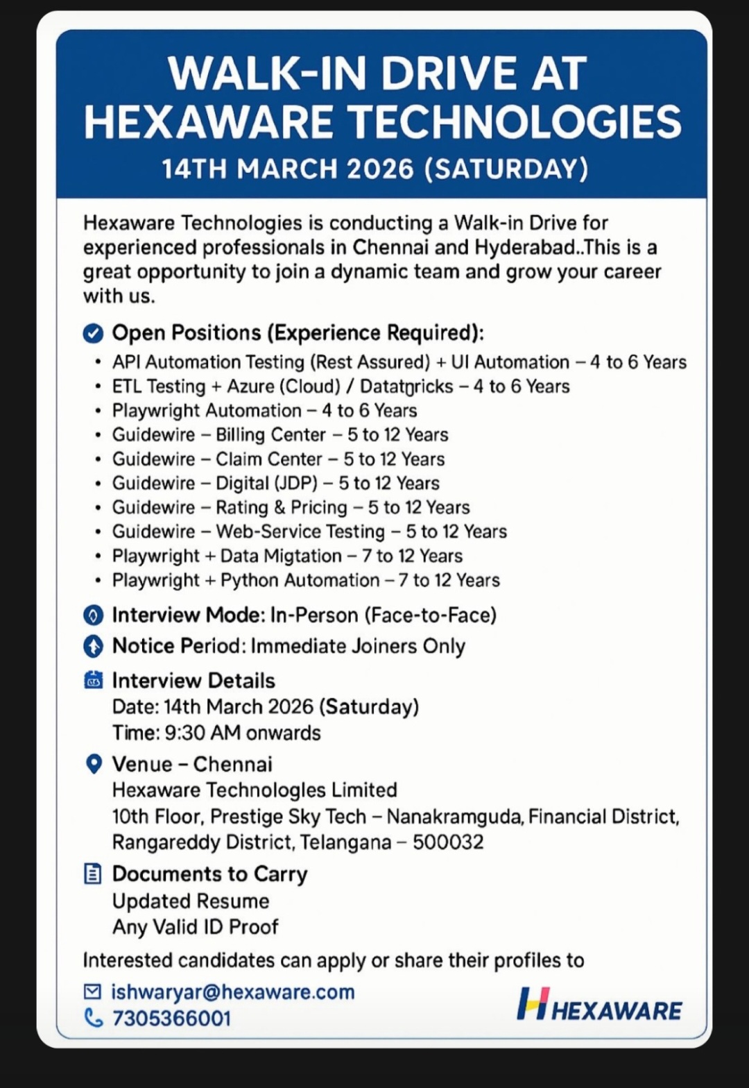 🚶 Walk-In Drive at Hexaware Technologies – 14th March 2026