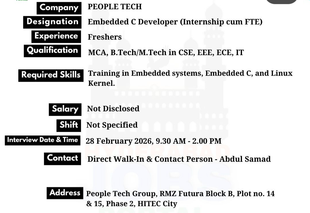 🚀 Walk-In Drive – Embedded C Developer (Internship cum FTE)