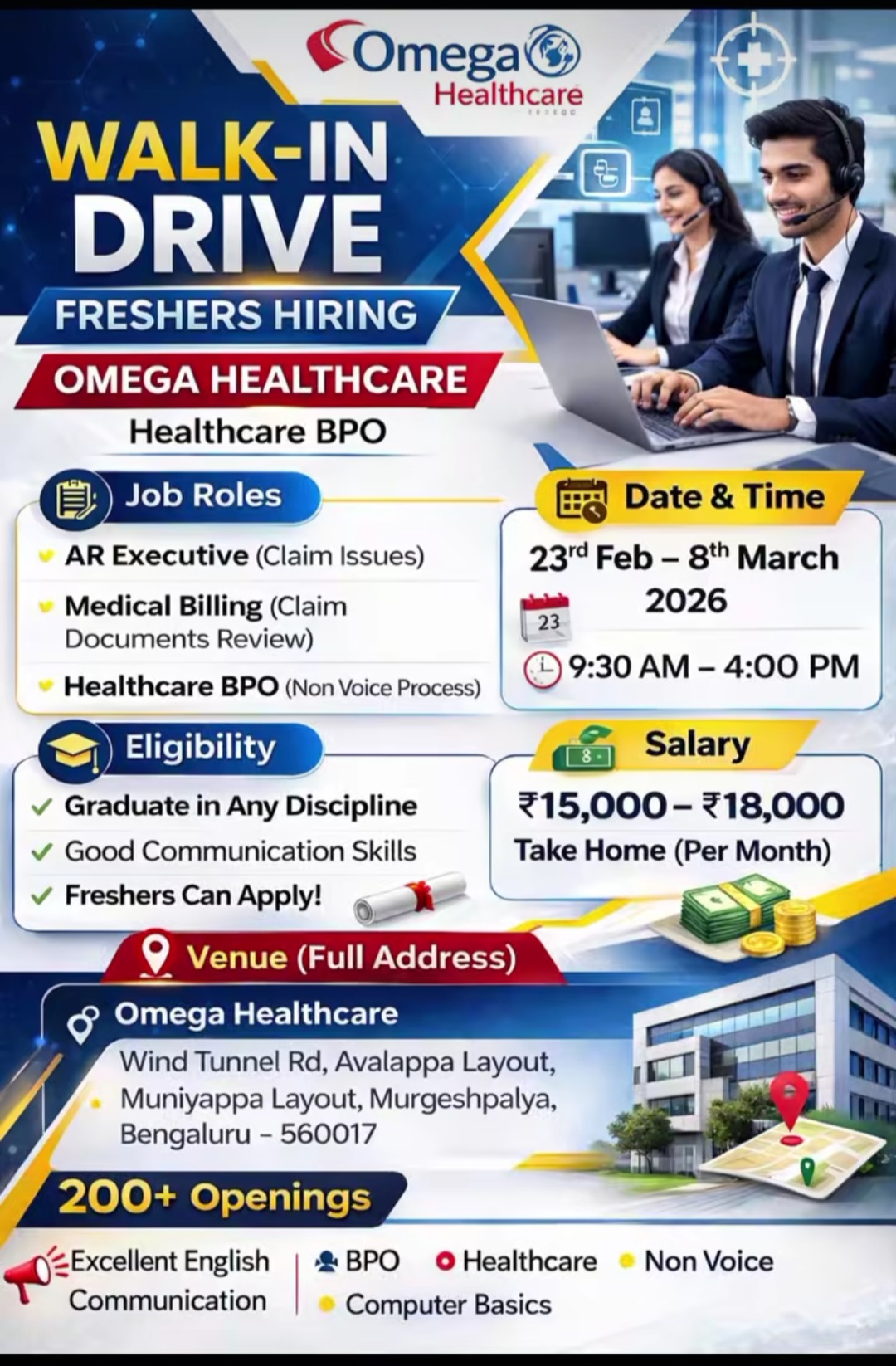 WALK-IN DRIVE – FRESHERS HIRING | Omega Healthcare (Healthcare BPO)