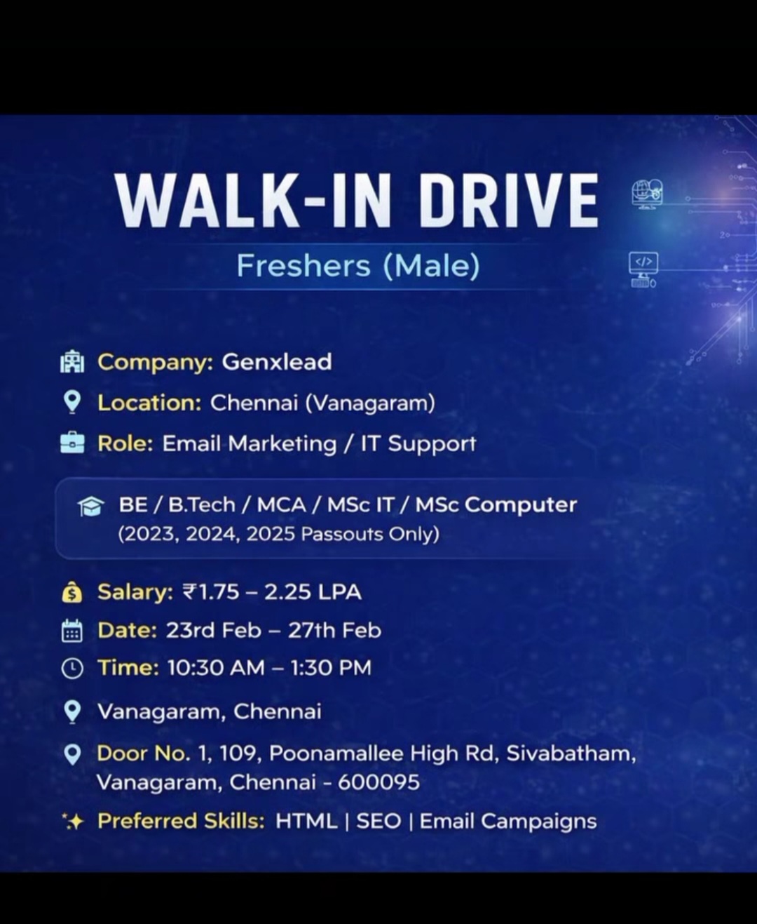 🚀 WALK-IN DRIVE – Freshers (Male Candidates Only)